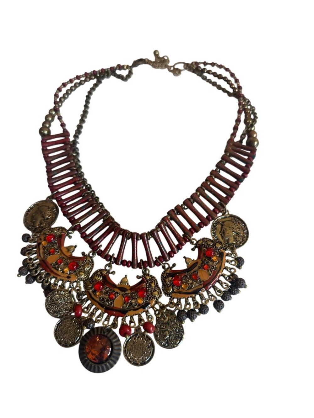 Vintage Boho Statement Necklace Red Beads Coin Charms Antique Style Brass